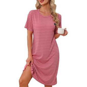 Women's Striped Nightshirt Round Neck Pajama Nightgown Short Sleeve Summer Shirt Dress