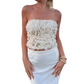 Women's Furry Sequin Tube Tops Strapless Sleeveless Vacation Beach Cropped Top