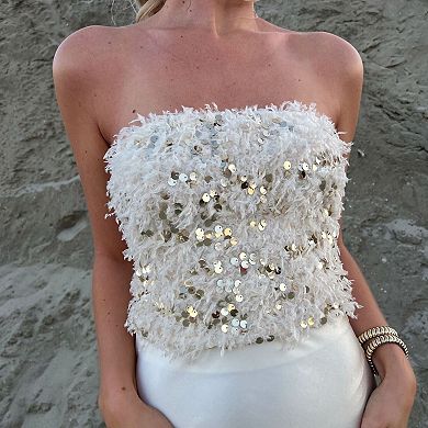 Women's Furry Sequin Tube Tops Strapless Sleeveless Vacation Beach Cropped Top