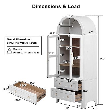 Heybly 71" Tall Arched Kitchen Pantry Cabinet, Adjustable Shelves, Storage Cupboard