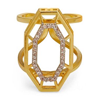 Gold-plated Adjustable High Fashion Syra Ring with White Cubic Zirconia by Dhwani Bansal