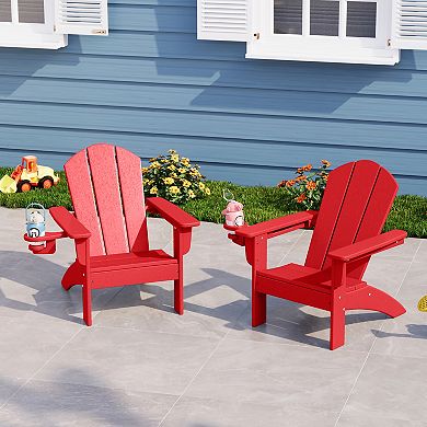 Kids Outdoor HDPE Plastic Adirondack Patio Chairs with Cup Holders (Set of 2)