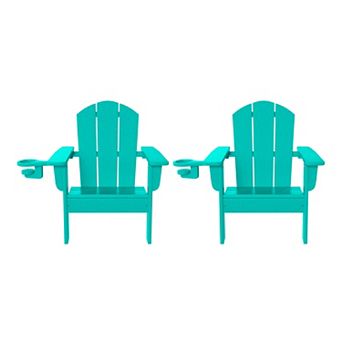 Kids Outdoor HDPE Plastic Adirondack Patio Chairs with Cup Holders (Set of 2)
