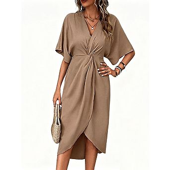 Women's V-Neck Twist Front Midi Dress, Short Batwing Sleeve Wrap Dress with Tulip Hem