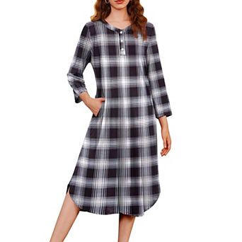 Ekouaer Womens Long Nightgowns Plaid Sleepwear Soft Loose Nightshirt 3/4 Sleeve