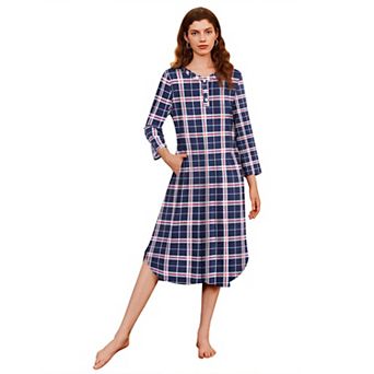 Ekouaer Womens Long Nightgowns Plaid Sleepwear Soft Loose Nightshirt 3/4 Sleeve
