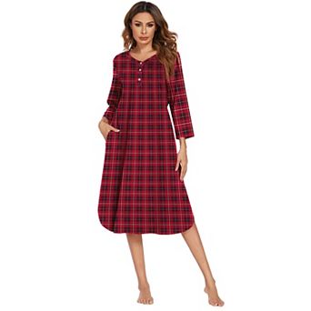 Ekouaer Womens Long Nightgowns Plaid Sleepwear Soft Loose Nightshirt 3/4 Sleeve