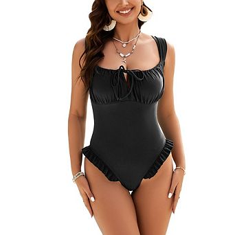Women's One Piece Swimsuit Ruffle Trim Tie Front Bathing Suit Square Neck Slimming Swimwear
