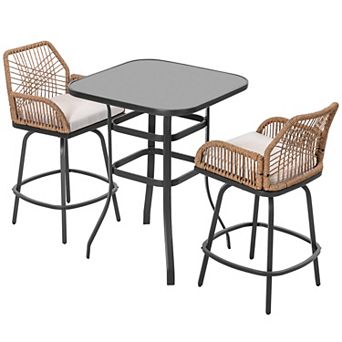 Wicker Patio Bar Set, Swivel Bar Stools, Tempered Glass Tabletop, Beige and Brown with Gold Speckles