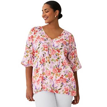 Ellos Plus Size V-Neck Blouse With Blouson Sleeves