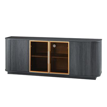 Modern LED TV Stand with Glass Display Panels and Press to Open Doors, Media Console Cabinet