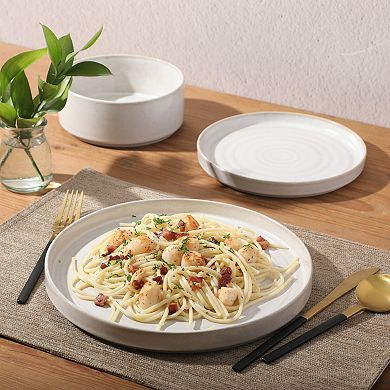 Gibson Elite Echo Bay 12 Piece Porcelain Reactive Glaze Ceramic Plates and Bowls Dinnerware Set