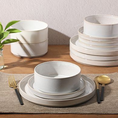 Gibson Elite Echo Bay 12 Piece Porcelain Reactive Glaze Ceramic Plates and Bowls Dinnerware Set