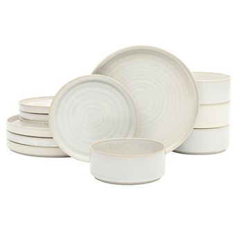 Gibson Elite Echo Bay 12 pc Porcelain Reactive Glaze Ceramic Plates and Bowls Dinnerware Set