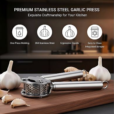 13-Inch Stainless Steel Garlic and Ginger Press with Scraper, Easy-Clean