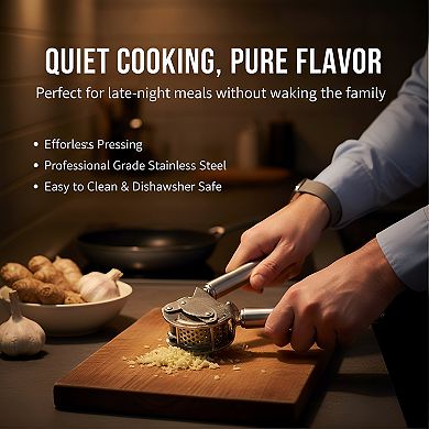 13-Inch Stainless Steel Garlic and Ginger Press with Scraper, Easy-Clean