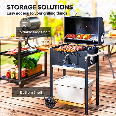 Patio Charcoal BBQ Grill with Lid Thermometer, Ash Drawer and Bottom Shelf