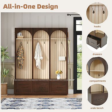 KWPZQEB Rustic Wooden Hall Tree Arched Design Coat Rack with 8 Hooks, Shoe Organizer