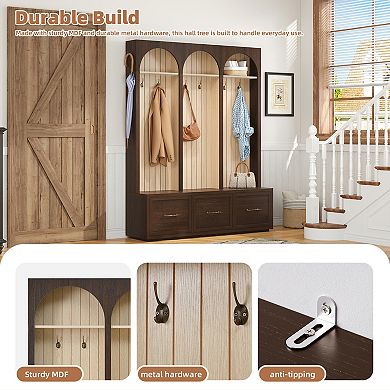 KWPZQEB Rustic Wooden Hall Tree Arched Design Coat Rack with 8 Hooks, Shoe Organizer