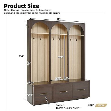 KWPZQEB Rustic Wooden Hall Tree Arched Design Coat Rack with 8 Hooks, Shoe Organizer