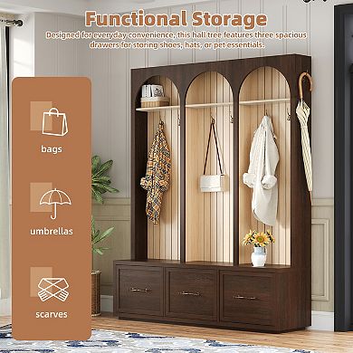 KWPZQEB Rustic Wooden Hall Tree Arched Design Coat Rack with 8 Hooks, Shoe Organizer