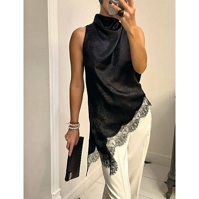 Women's Satin Halter Top Mock Neck Lace Trim Asymmetrical Hem Tank Top Sleeveless Solid Crop Tops