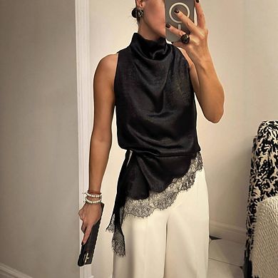 Women's Satin Halter Top Mock Neck Lace Trim Asymmetrical Hem Tank Top Sleeveless Solid Crop Tops