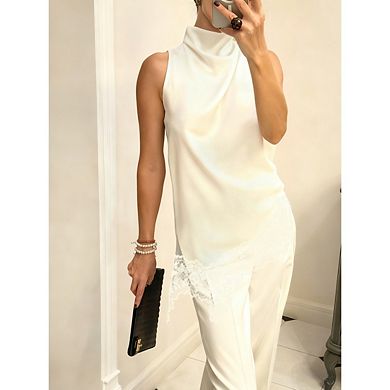 Women's Satin Halter Top Mock Neck Lace Trim Asymmetrical Hem Tank Top Sleeveless Solid Crop Tops