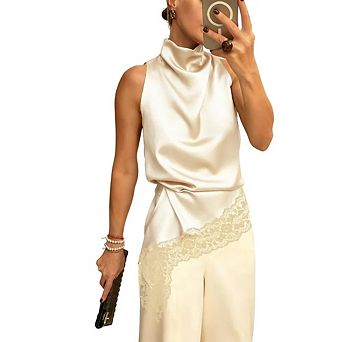 Women's Satin Halter Top Mock Neck Lace Trim Asymmetrical Hem Tank Top Sleeveless Solid Crop Tops