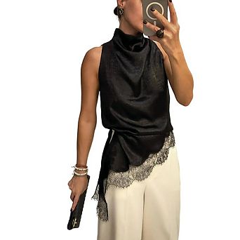 Women's Satin Halter Top Mock Neck Lace Trim Asymmetrical Hem Tank Top Sleeveless Solid Crop Tops