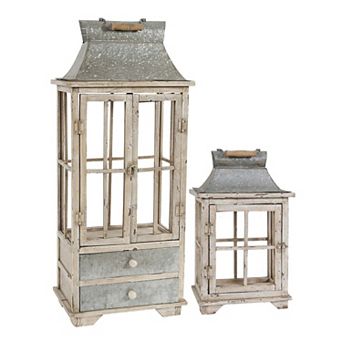 Off White Wooden Metal Candle Lantern Set of 2 Decorative Hurricane Lantern for Home Garden