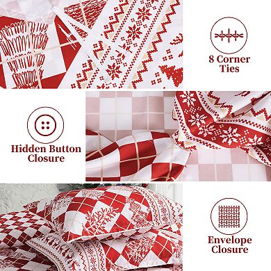 Christmas Red Checkered Duvet Cover Set, Festive Reindeer Tree Print Soft Microfiber Bedding
