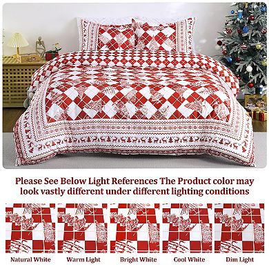 Christmas Red Checkered Duvet Cover Set, Festive Reindeer Tree Print Soft Microfiber Bedding