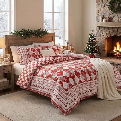 Christmas Red Checkered Duvet Cover Set, Festive Reindeer Tree Print Soft Microfiber Bedding