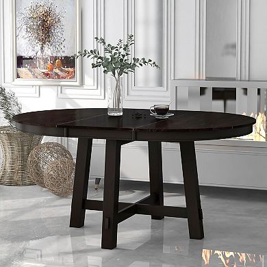 Round Dining Table with Leaf Extension, Wood Table for Small Space