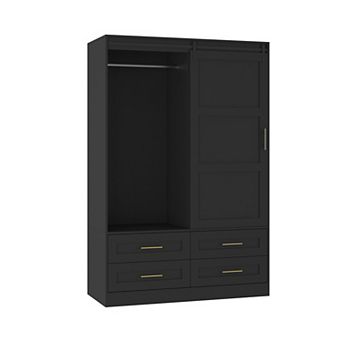 KWPZQEB Sliding Barn Door Armoire Wardrobe with Hanging Rod & 4 Drawers, Closet Clothing for Bedroom