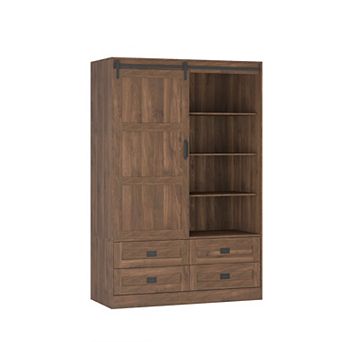 KWPZQEB Sliding Barn Door Armoire Wardrobe with Hanging Rod & 4 Drawers, Closet Clothing for Bedroom