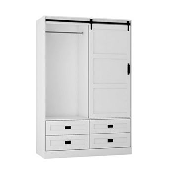 KWPZQEB Sliding Barn Door Armoire Wardrobe with Hanging Rod & 4 Drawers, Closet Clothing for Bedroom