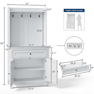 63"Kitchen Pantry Storage Cabinet with Outlet,with Microwave Shelf & 4 Hooks, Door Shelves & Drawer