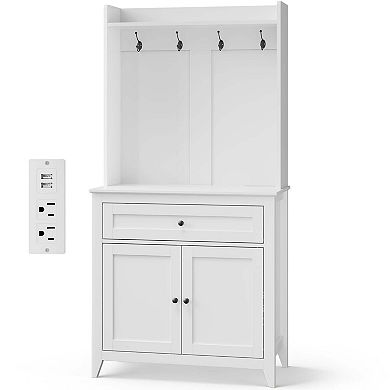 63"Kitchen Pantry Storage Cabinet with Outlet,with Microwave Shelf & 4 Hooks, Door Shelves & Drawer