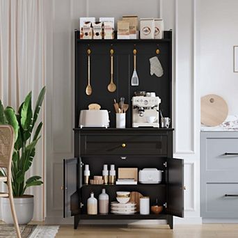 63"Kitchen Pantry Storage Cabinet with Outlet,with Microwave Shelf & 4 Hooks, Door Shelves & Drawer