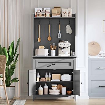 63"Kitchen Pantry Storage Cabinet with Outlet,with Microwave Shelf & 4 Hooks, Door Shelves & Drawer