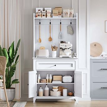 63"Kitchen Pantry Storage Cabinet with Outlet,with Microwave Shelf & 4 Hooks, Door Shelves & Drawer