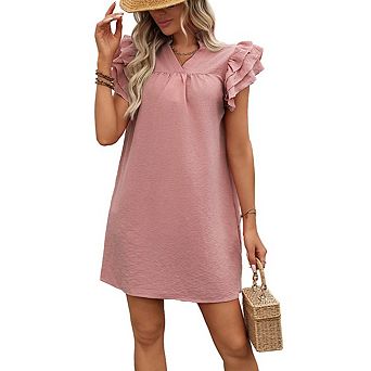 Women's V Neck Sundresses Casual Summer Solid Color Ruffle Sleeve T Shirt Flowy Beach Dress