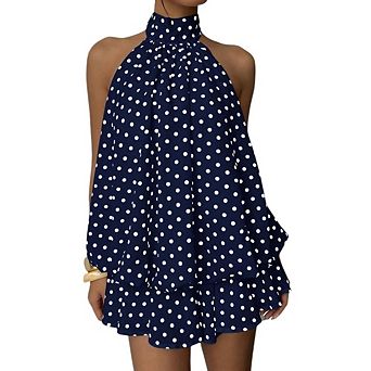 Womens Sleeveless Halter Neck Polka Dot Dress Backless Flowy Ruffle Hem Casual Y2K Party Mini Dress