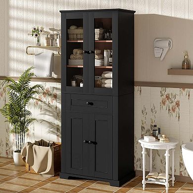 67.2 Inch Black Tall Bathroom Storage Cabinet with Tempered Glass Doors Adjustable Shelves