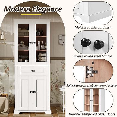 67.2 Inch Black Tall Bathroom Storage Cabinet with Tempered Glass Doors Adjustable Shelves