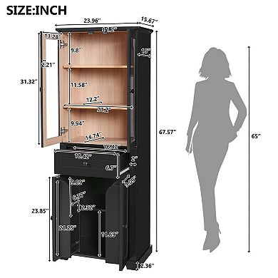 67.2 Inch Black Tall Bathroom Storage Cabinet with Tempered Glass Doors Adjustable Shelves