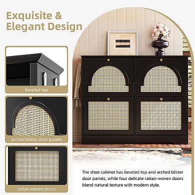 4-Drawer Rattan Shoe Cabinet with Hooks, Mid-Century Shoe Rack for Entryway Hallway