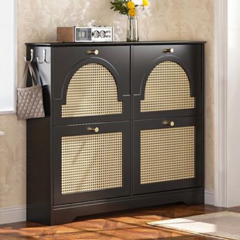 4-Drawer Rattan Shoe Cabinet with Hooks, Mid-Century Shoe Rack for Entryway Hallway